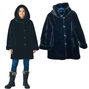 Fen Nelli Black Faux Fur Hooded Coat Sz 13/14 Toggles Classic Winter Jacket
